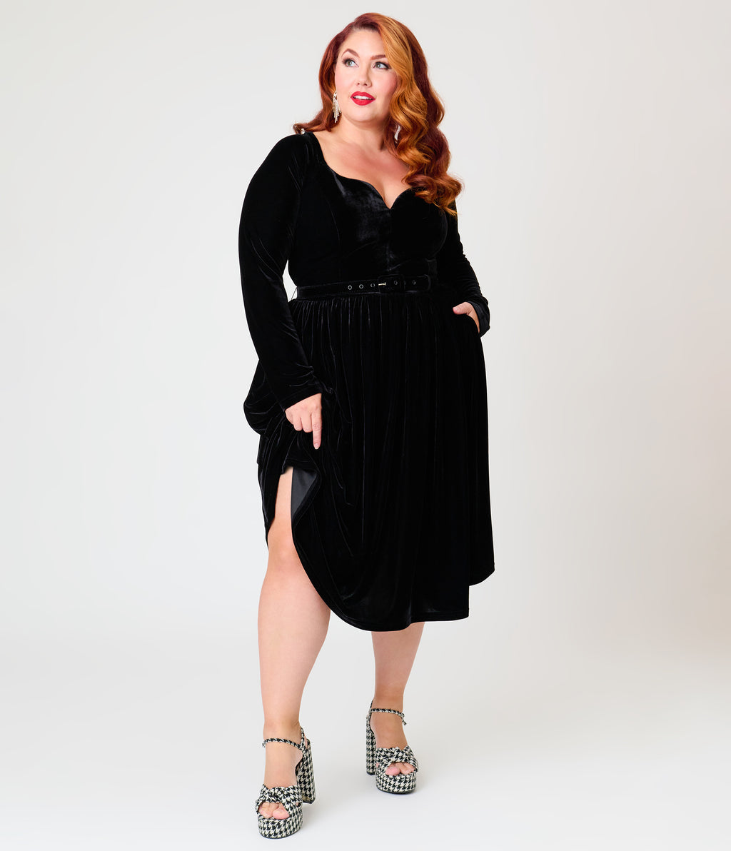 Unique Vintage Plus Size 1950s Black Velvet Sweetheart Sharon Swing Dress