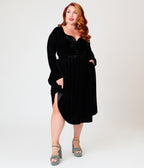 Unique Vintage Plus Size 1950s Black Velvet Sweetheart Sharon Swing Dress