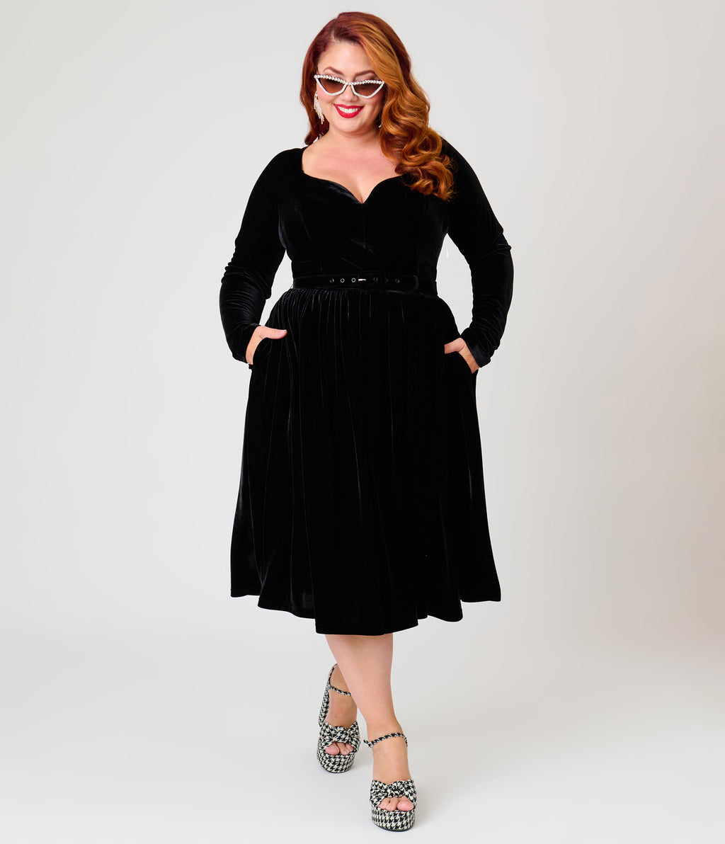 Unique Vintage Plus Size 1950s Black Velvet Sweetheart Sharon Swing Dress