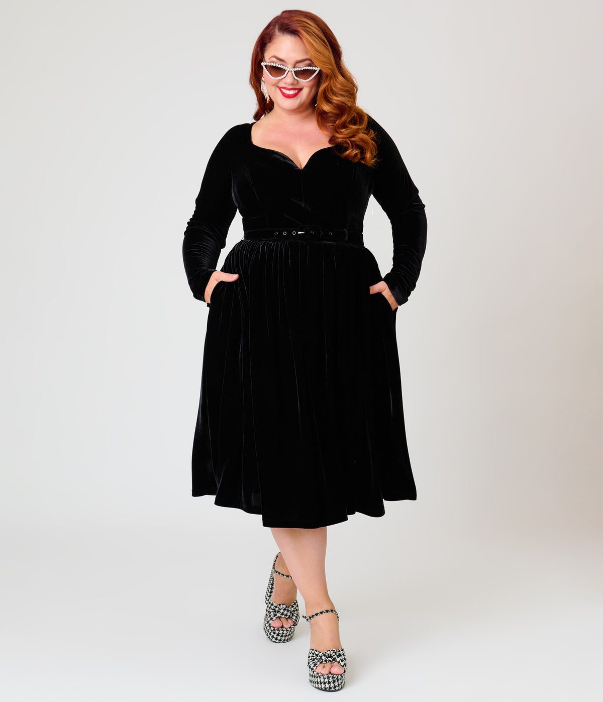 Unique Vintage Plus Size 1950s Black Velvet Sweetheart Sharon Swing Dress