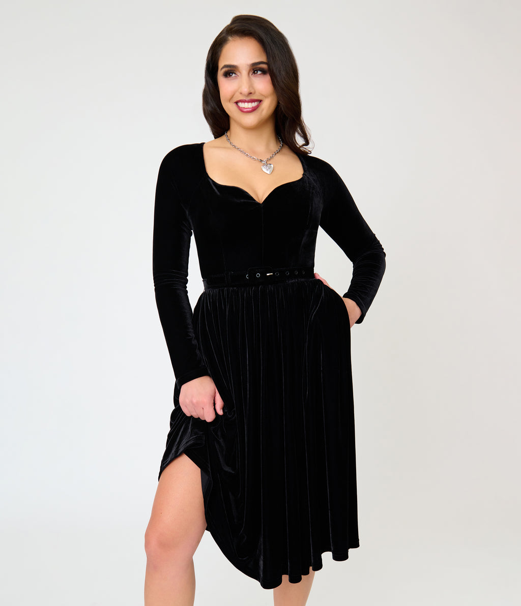 Unique Vintage 1950s Black Velvet Sweetheart Sharon Swing Dress