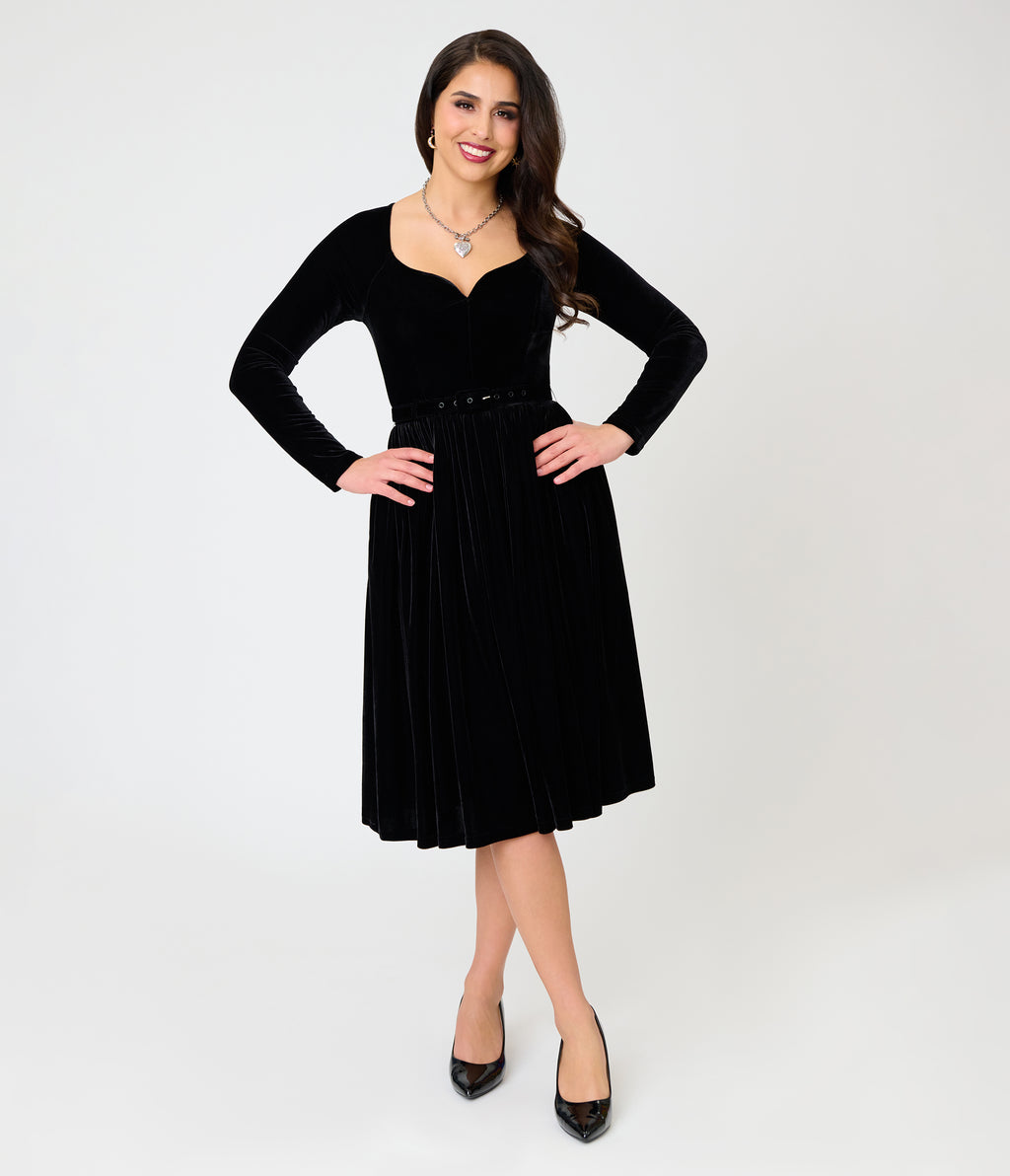Unique Vintage 1950s Black Velvet Sweetheart Sharon Swing Dress