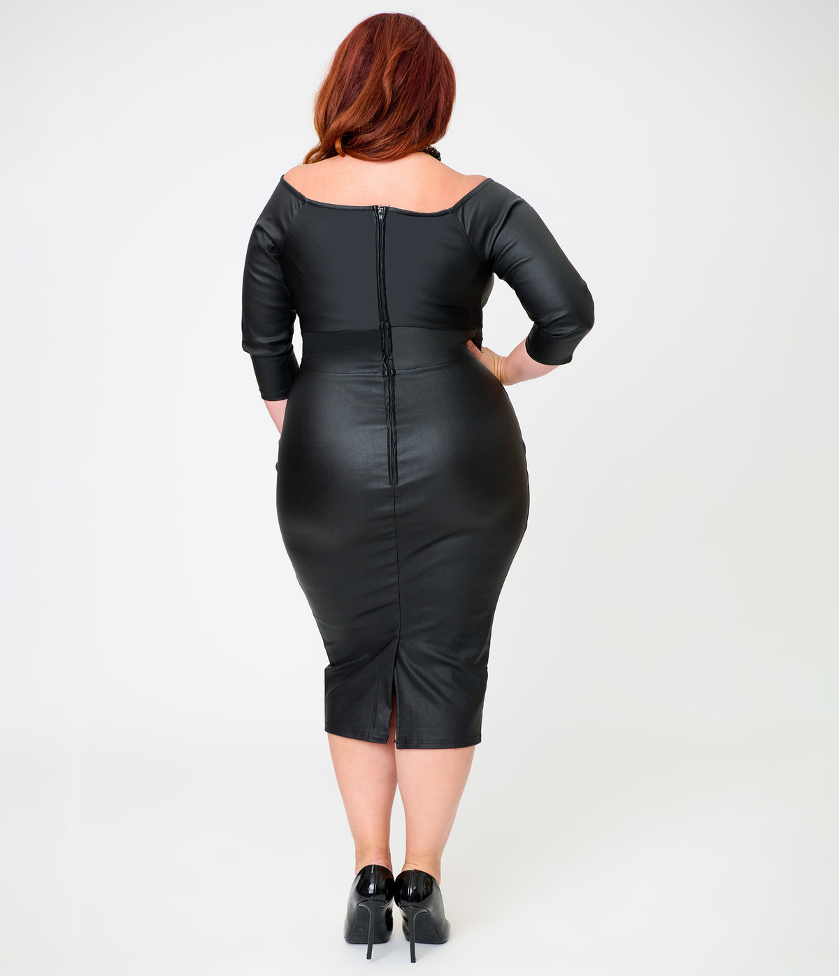 Unique Vintage Plus Size Black Faux Leather Shailene Pencil Dress