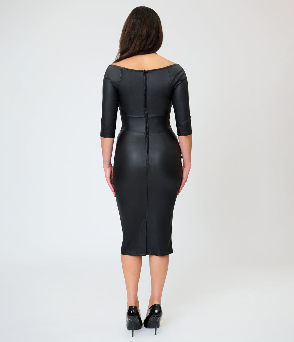 Unique Vintage Black Faux Leather Shailene Pencil Dress