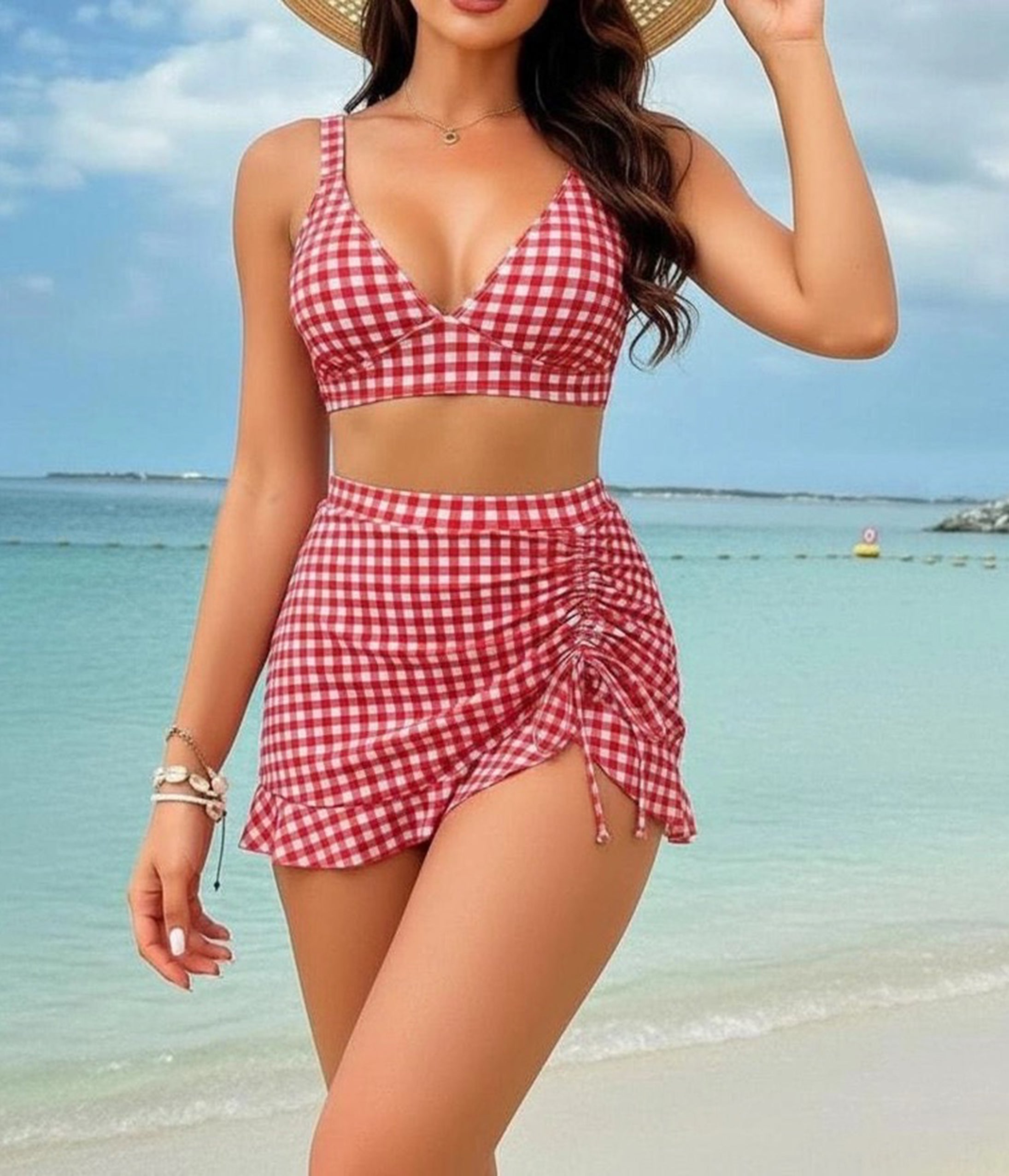 Red & White Gingham Ruched Two-Piece Swim Set
