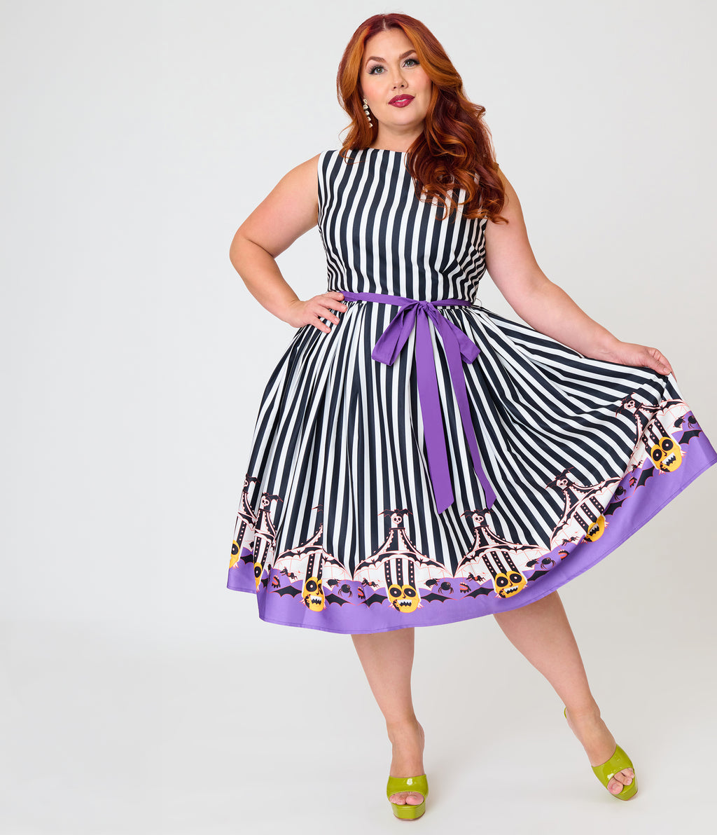 Beetlejuice x Unique Vintage Plus Size Black & White Striped Beetlejuice Border Print Sleeveless Swing Dress