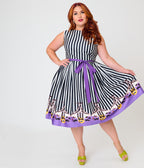 Beetlejuice x Unique Vintage Plus Size Black & White Striped Beetlejuice Border Print Sleeveless Swing Dress