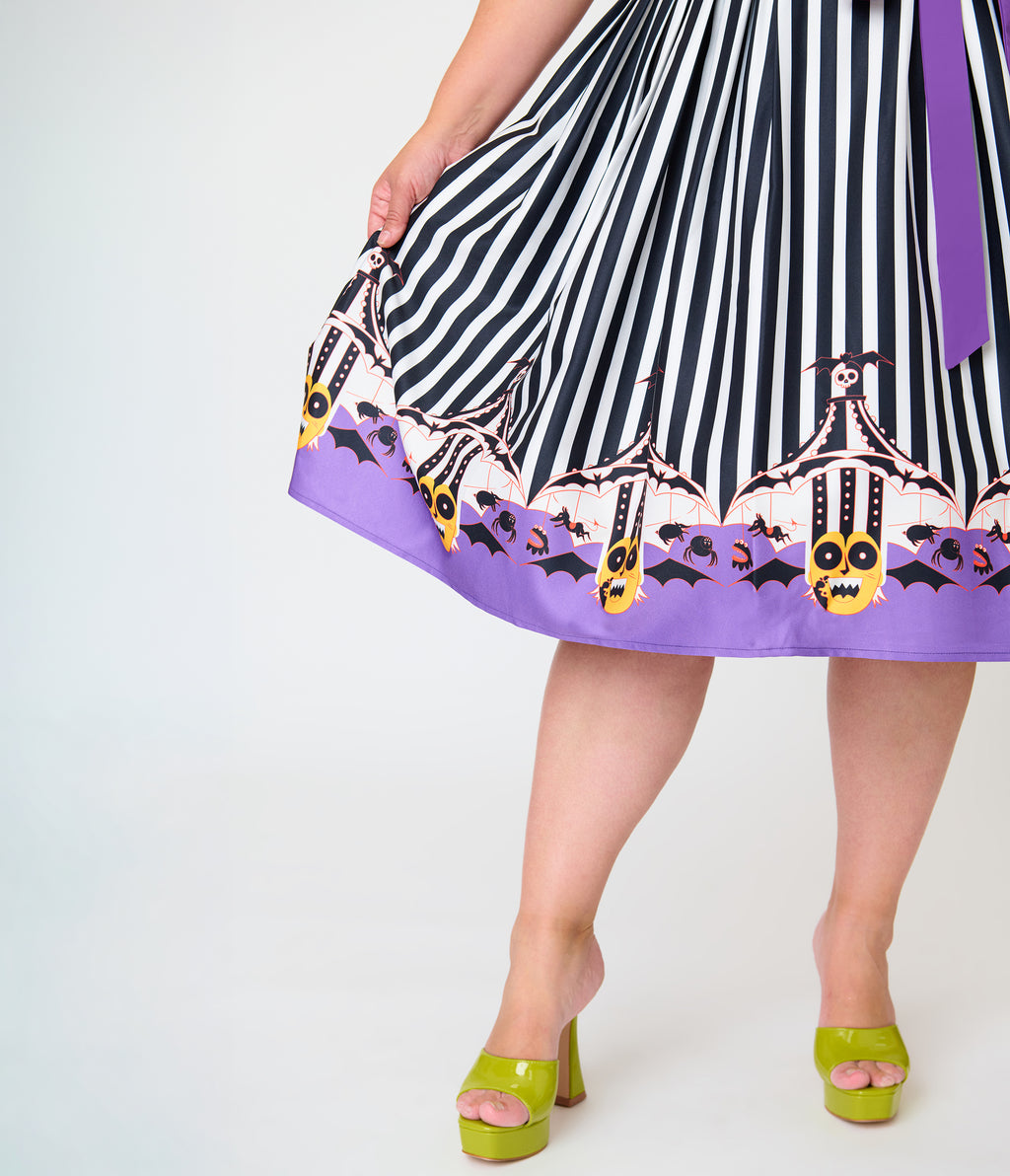 Beetlejuice x Unique Vintage Plus Size Black & White Striped Beetlejuice Border Print Sleeveless Swing Dress