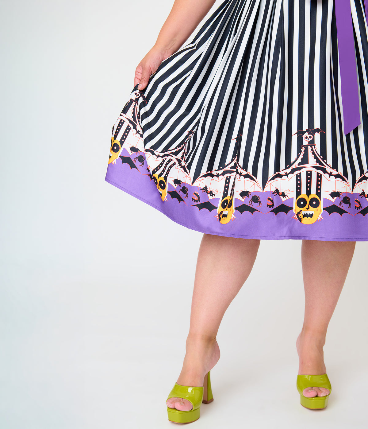 Beetlejuice x Unique Vintage Plus Size Black & White Striped Beetlejuice Border Print Sleeveless Swing Dress