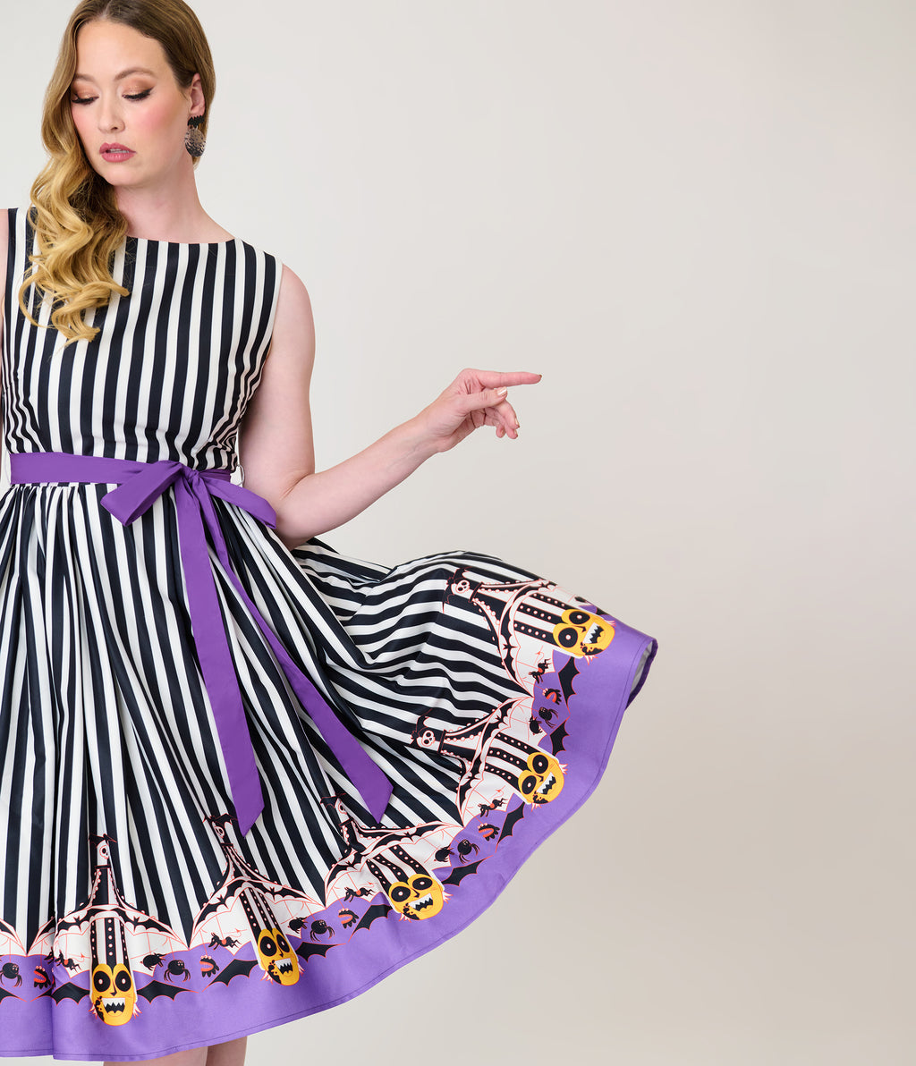 Beetlejuice x Unique Vintage Black & White Striped Beetlejuice Border Print Sleeveless Swing Dress