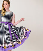 Beetlejuice x Unique Vintage Black & White Striped Beetlejuice Border Print Sleeveless Swing Dress