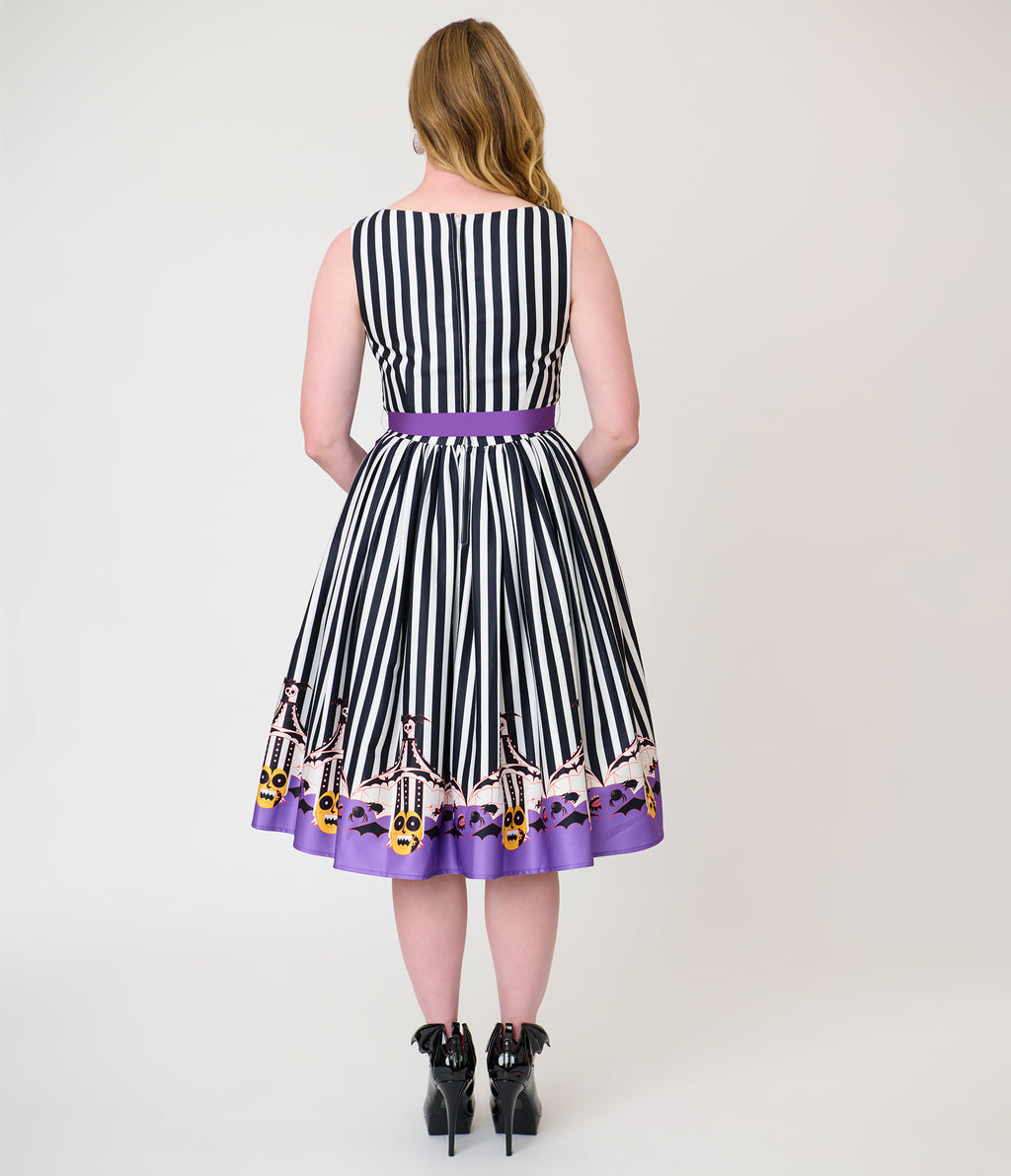 Beetlejuice x Unique Vintage Black & White Striped Beetlejuice Border Print Sleeveless Swing Dress