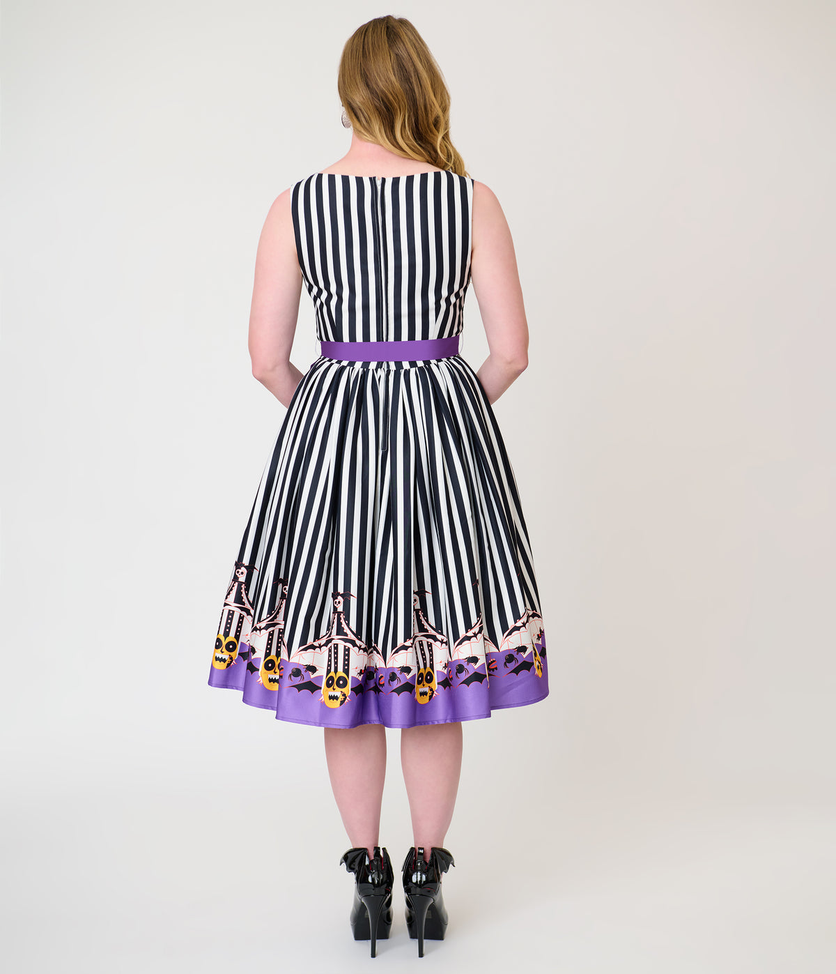 Beetlejuice x Unique Vintage Black & White Striped Beetlejuice Border Print Sleeveless Swing Dress