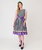 Beetlejuice x Unique Vintage Black & White Striped Beetlejuice Border Print Sleeveless Swing Dress