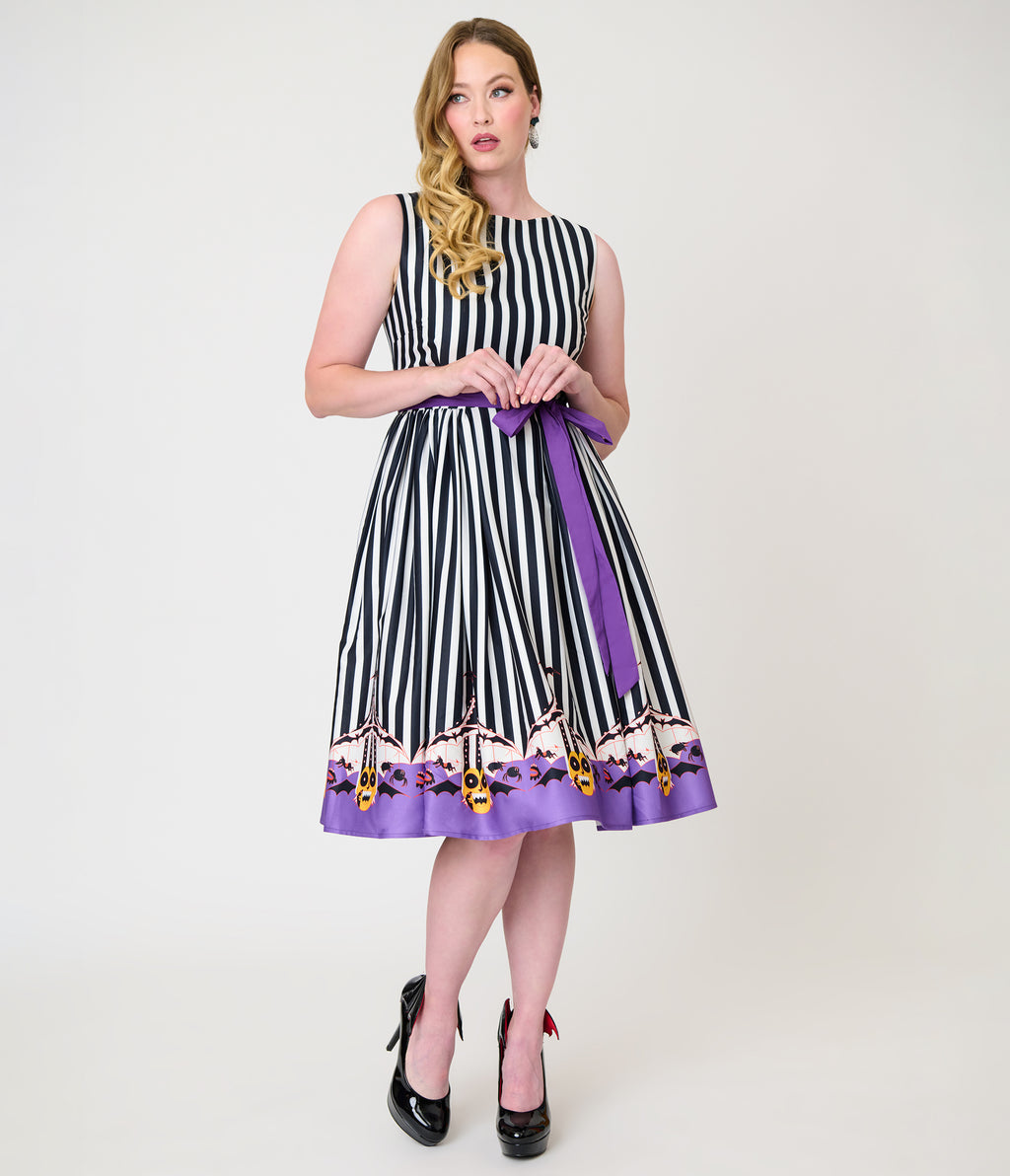 Beetlejuice x Unique Vintage Black & White Striped Beetlejuice Border Print Sleeveless Swing Dress