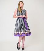 Beetlejuice x Unique Vintage Black & White Striped Beetlejuice Border Print Sleeveless Swing Dress