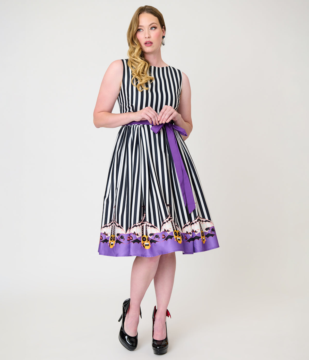 Beetlejuice x Unique Vintage Black & White Striped Beetlejuice Border Print Sleeveless Swing Dress