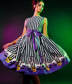 Beetlejuice x Unique Vintage Black & White Striped Beetlejuice Border Print Sleeveless Swing Dress