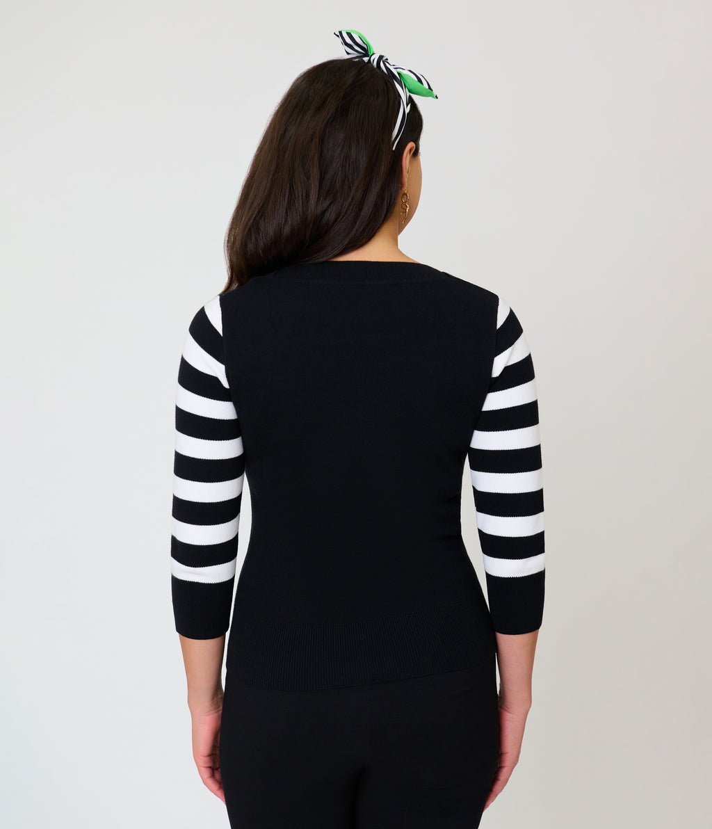 Beetlejuice x Unique Vintage Black & White Striped Sandworm Minou Sweater