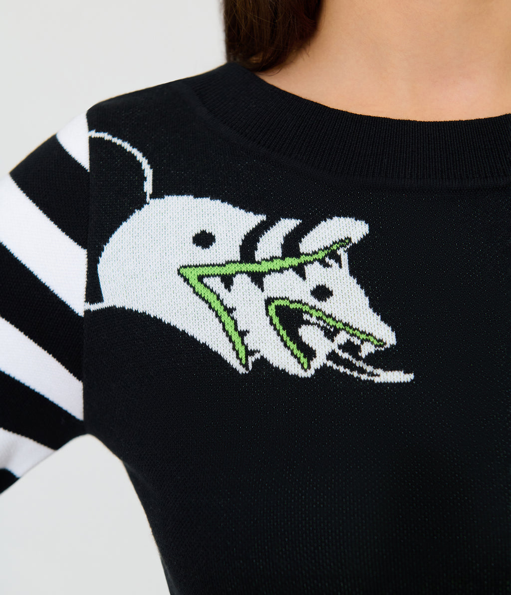 Beetlejuice x Unique Vintage Black & White Striped Sandworm Minou Sweater