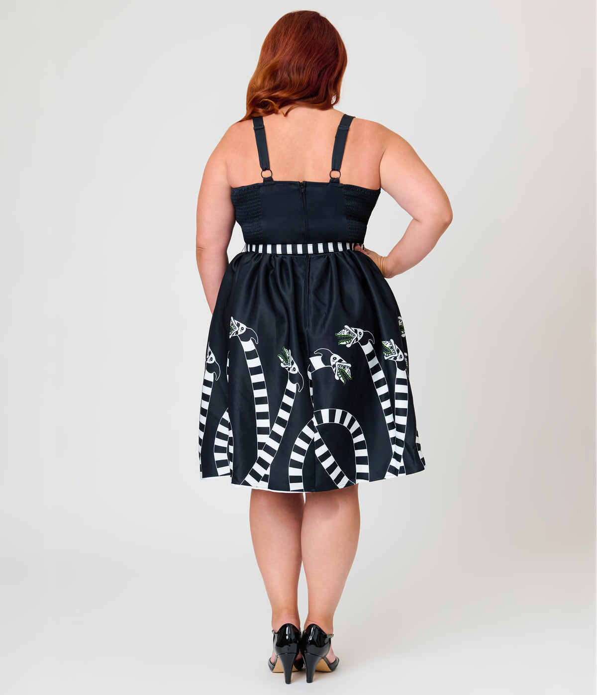 Beetlejuice x Unique Vintage Plus Size Black Sandworm Border Rachel Swing Dress