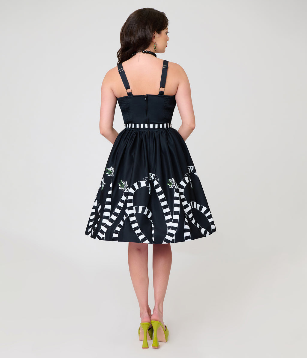 Beetlejuice x Unique Vintage Black Sandworm Border Rachel Swing Dress