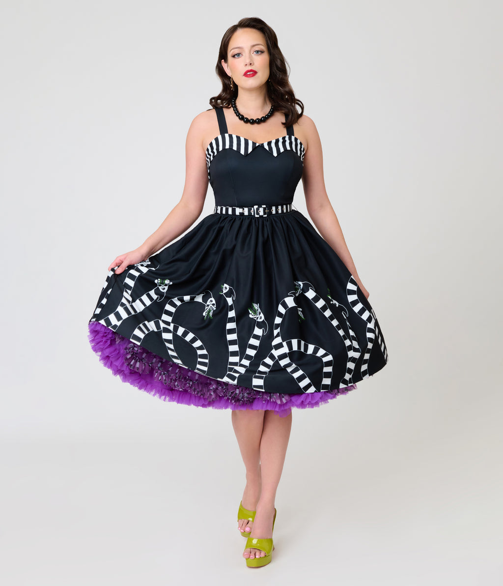 Beetlejuice x Unique Vintage Black Sandworm Border Rachel Swing Dress