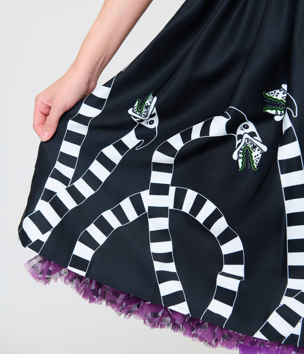 Beetlejuice x Unique Vintage Black Sandworm Border Rachel Swing Dress