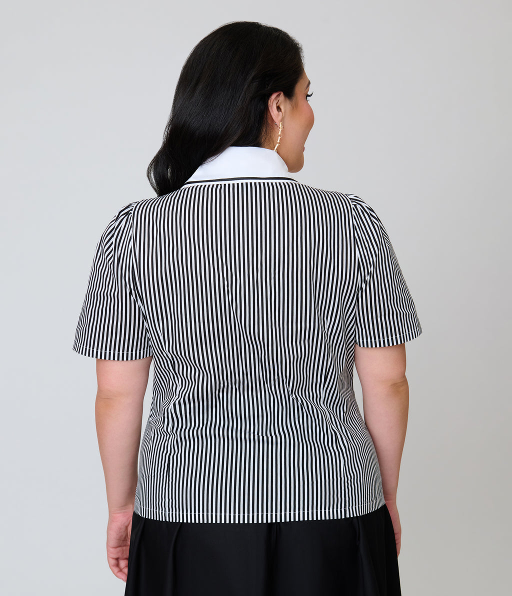 Beetlejuice x Unique Vintage Plus Size Black & White Stripe Here Lies Embroidered Collar Blouse