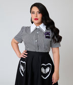 Beetlejuice x Unique Vintage Plus Size Black & White Stripe Here Lies Embroidered Collar Blouse