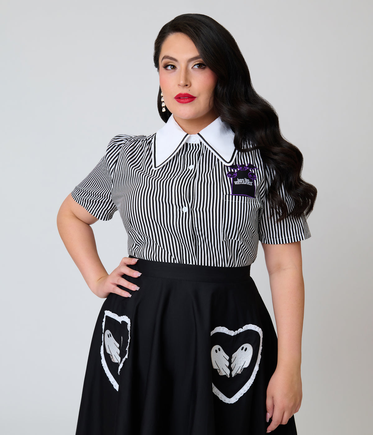 Beetlejuice x Unique Vintage Plus Size Black & White Stripe Here Lies Embroidered Collar Blouse