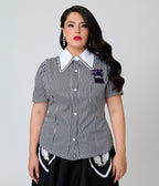 Beetlejuice x Unique Vintage Plus Size Black & White Stripe Here Lies Embroidered Collar Blouse