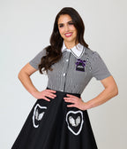 Beetlejuice x Unique Vintage Black & White Stripe Here Lies Embroidered Collar Blouse