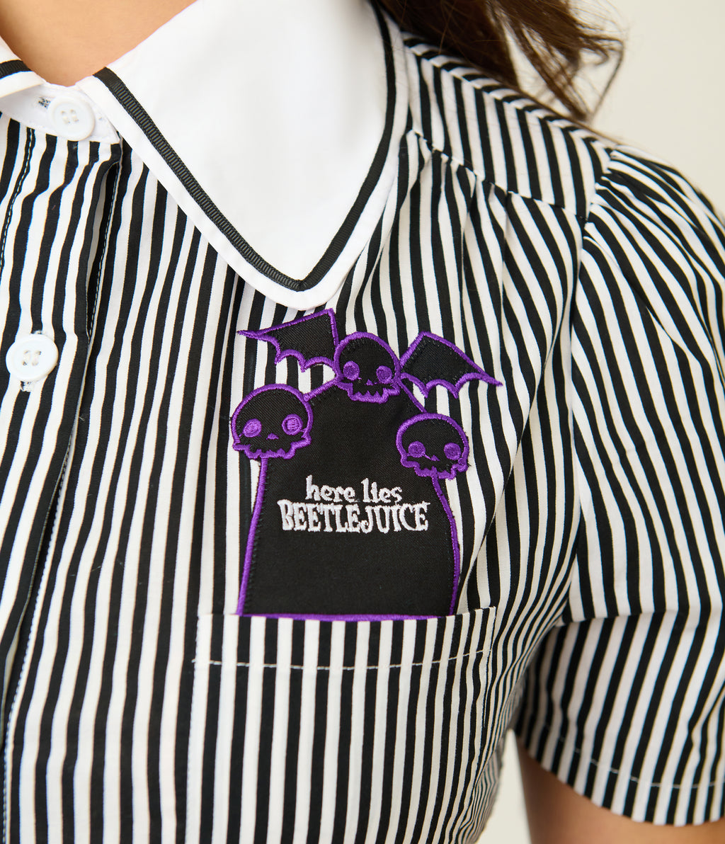 Beetlejuice x Unique Vintage Black & White Stripe Here Lies Embroidered Collar Blouse