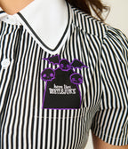 Beetlejuice x Unique Vintage Black & White Stripe Here Lies Embroidered Collar Blouse