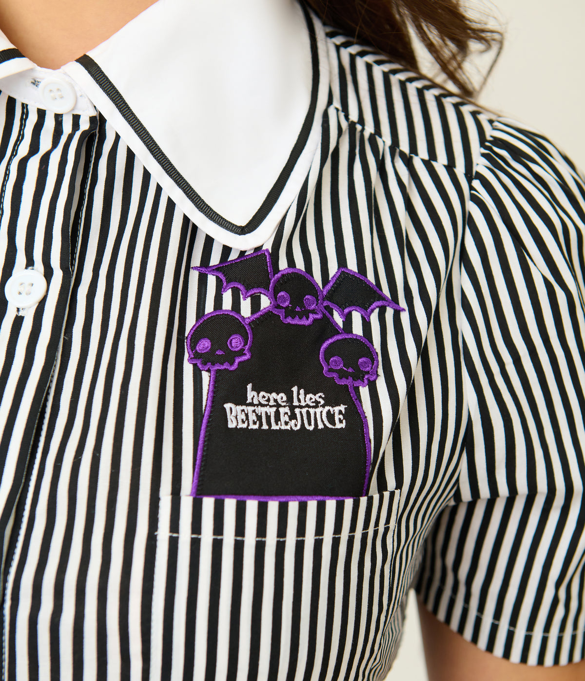 Beetlejuice x Unique Vintage Black & White Stripe Here Lies Embroidered Collar Blouse