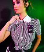 Beetlejuice x Unique Vintage Black & White Stripe Here Lies Embroidered Collar Blouse