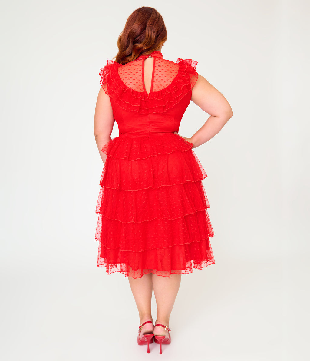 Beetlejuice x Unique Vintage Plus Size Red Mesh Tiered Lydia Swing Dress