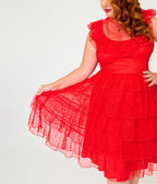 Beetlejuice x Unique Vintage Plus Size Red Mesh Tiered Lydia Swing Dress