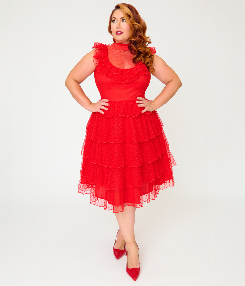 Beetlejuice x Unique Vintage Plus Size Red Mesh Tiered Lydia Swing Dress