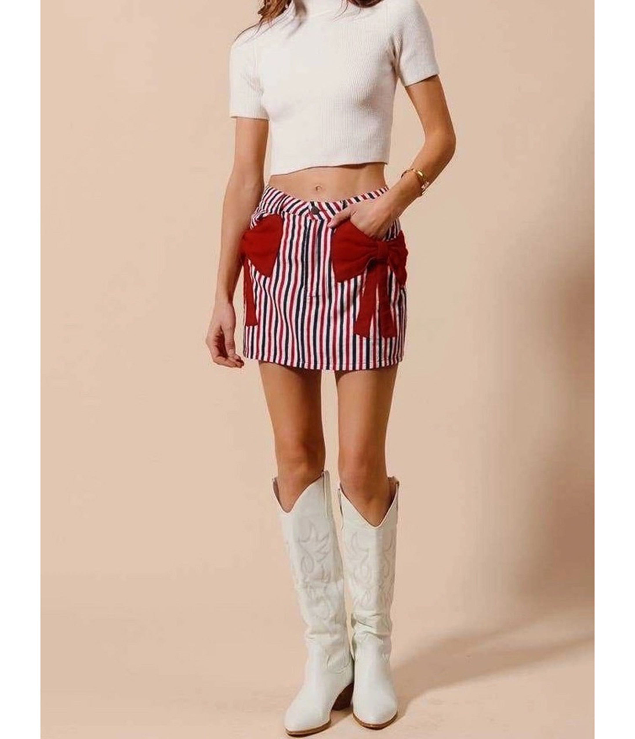 Red White & Black Striped Bow Denim Mini Skirt