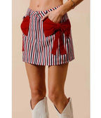 Red White & Black Striped Bow Denim Mini Skirt