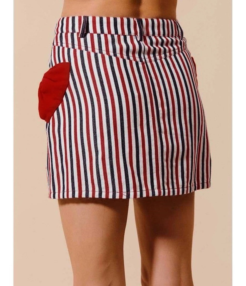 Red White & Black Striped Bow Denim Mini Skirt