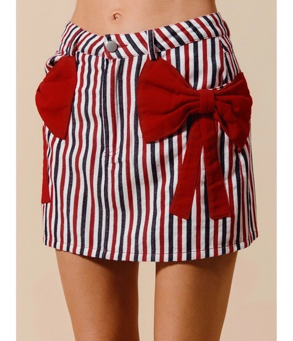 Red White & Black Striped Bow Denim Mini Skirt