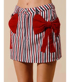 Red White & Black Striped Bow Denim Mini Skirt