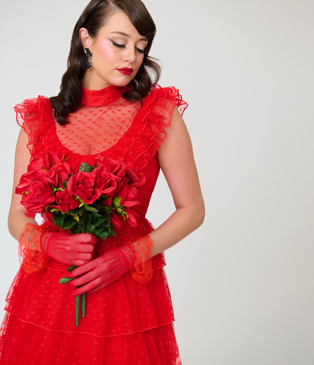Beetlejuice x Unique Vintage Red Mesh Tiered Lydia Swing Dress