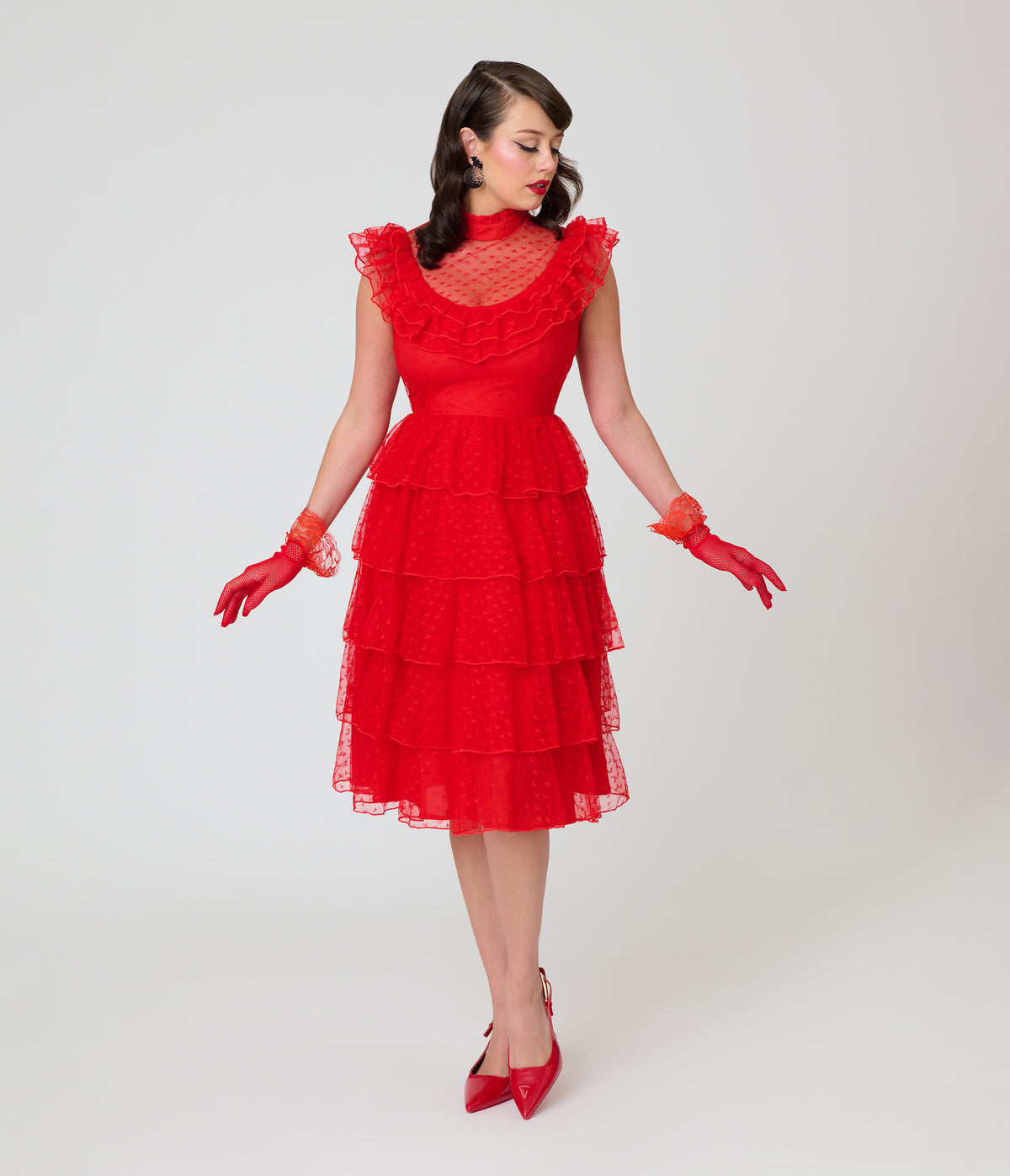 Beetlejuice x Unique Vintage Red Mesh Tiered Lydia Swing Dress