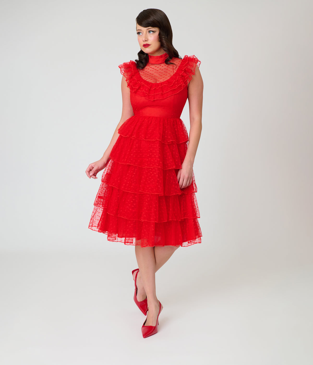 Beetlejuice x Unique Vintage Red Mesh Tiered Lydia Swing Dress