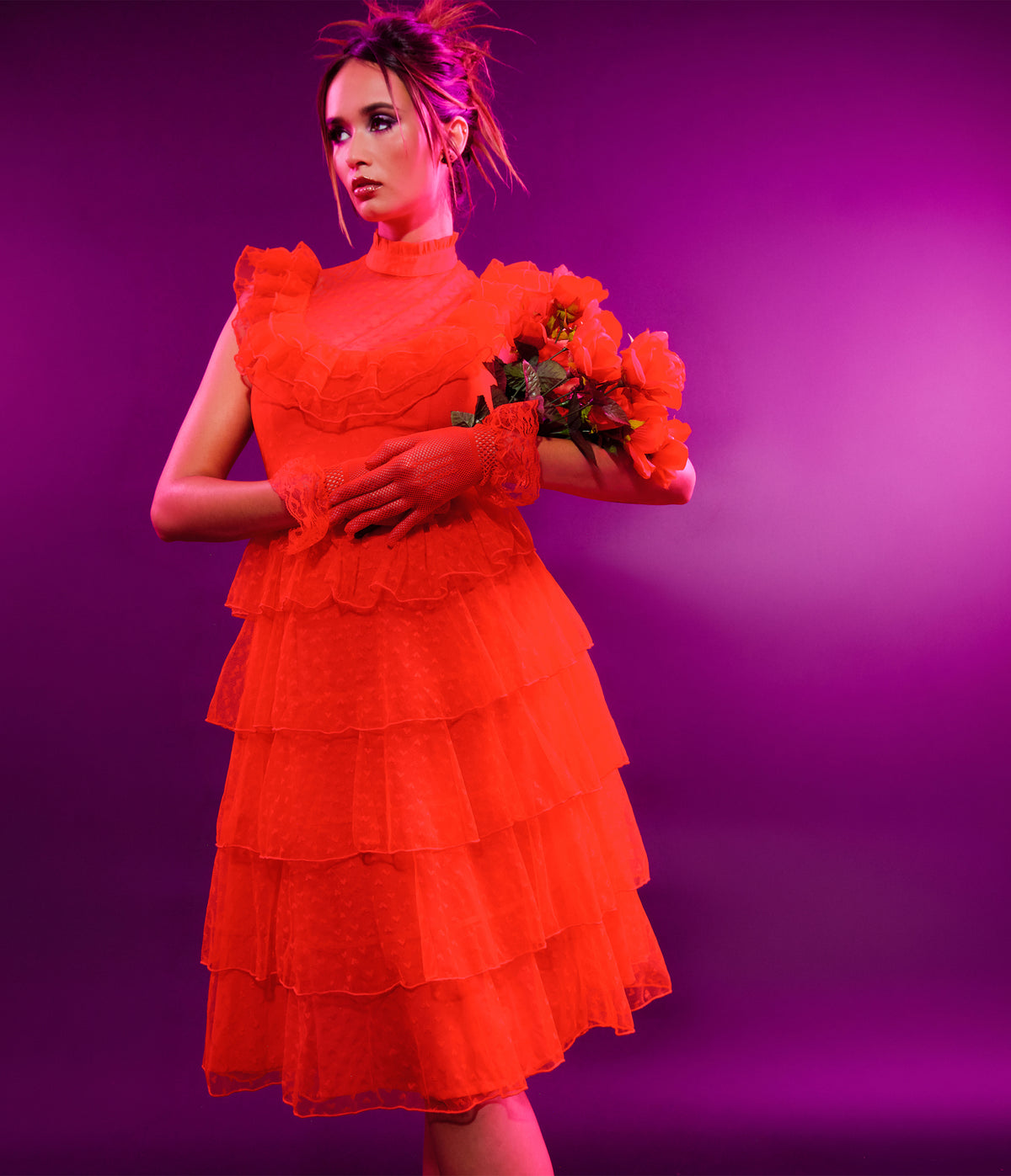 Beetlejuice x Unique Vintage Red Mesh Tiered Lydia Swing Dress