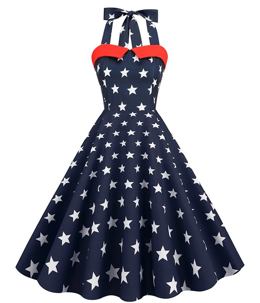 Navy Blue & White Star Print Halter Swing Dress